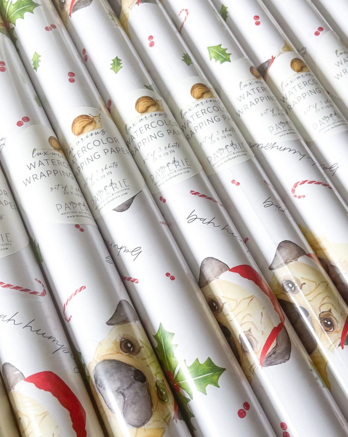 Bah Humpug, Watercolor Santa Pug, Boutique Luxurious Christmas Wrapping Paper