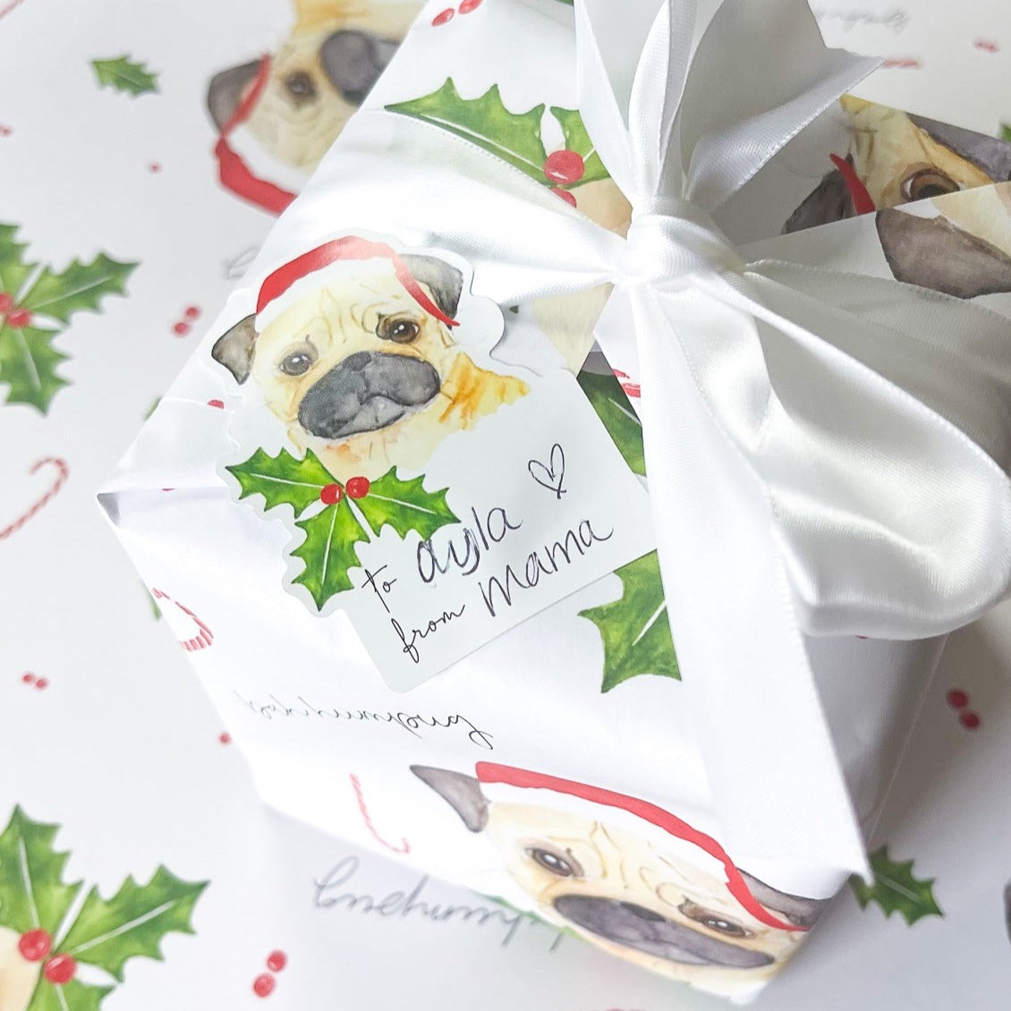 Bah Humpug, Watercolor Santa Pug, Boutique Luxurious Christmas Wrapping Paper