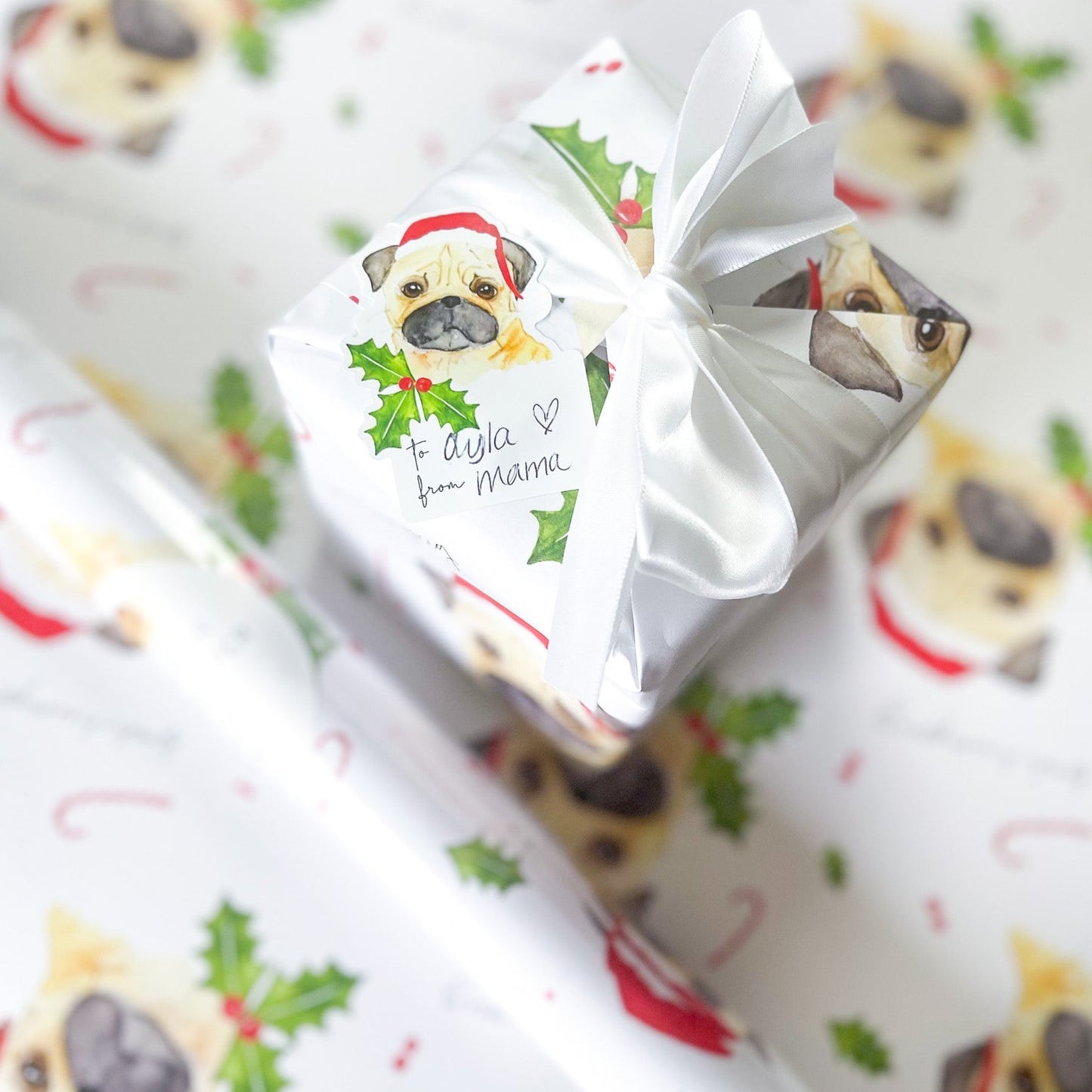 Bah Humpug, Watercolor Santa Pug, Boutique Luxurious Christmas Wrapping Paper