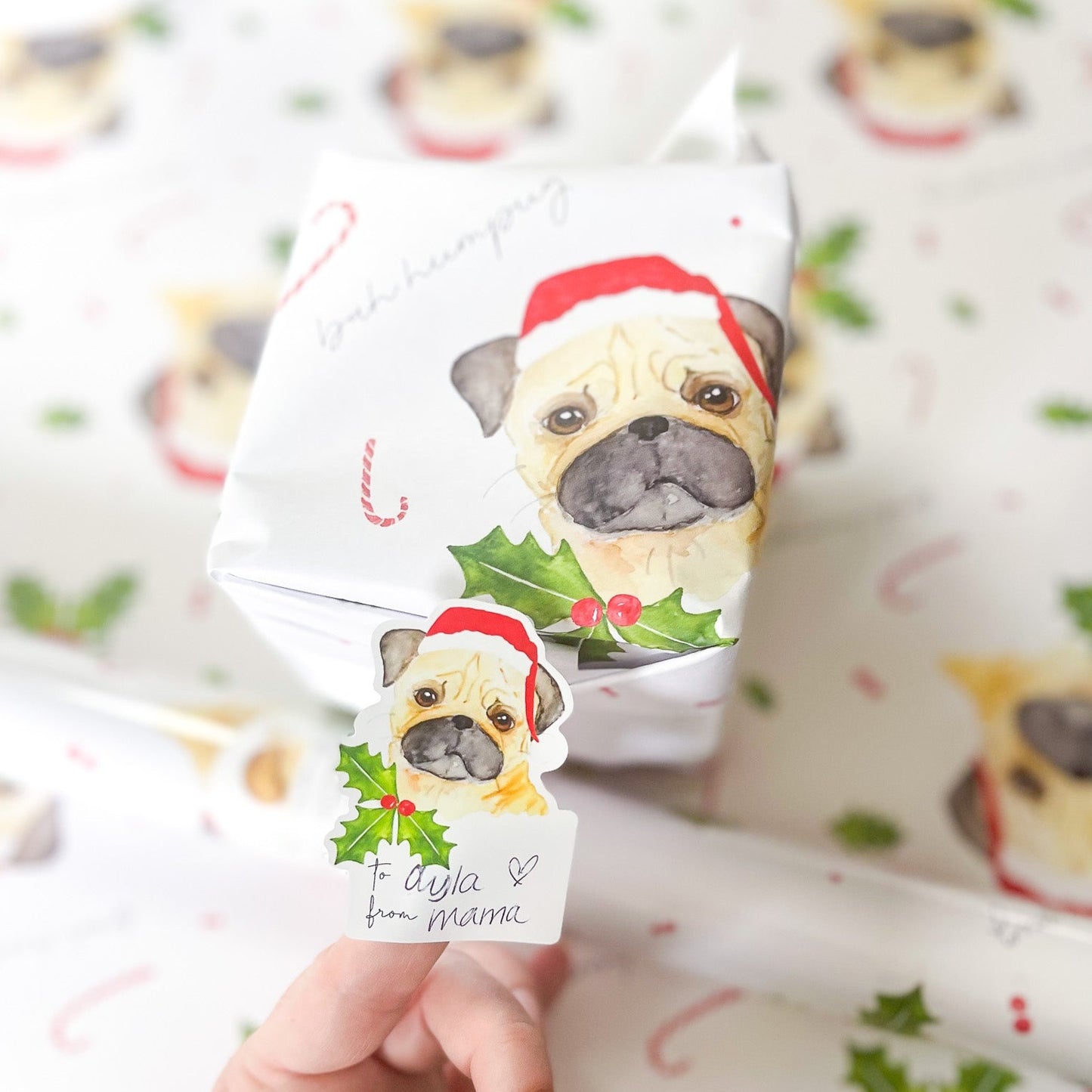 Bah Humpug, Watercolor Santa Pug, Boutique Luxurious Christmas Wrapping Paper