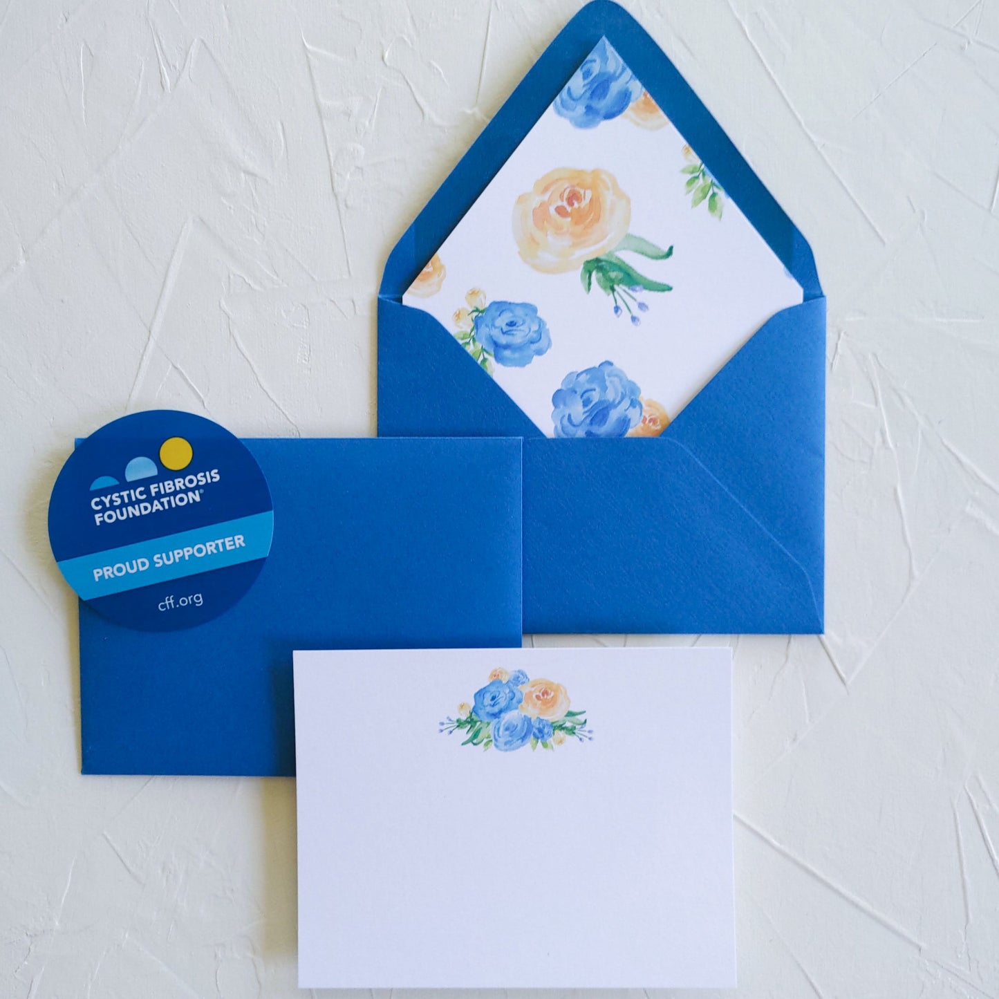 Blue and Yellow Rose Cystic Fibrosis Foundation Stationery, Set of 5 Notecards with Lined Envelopes
