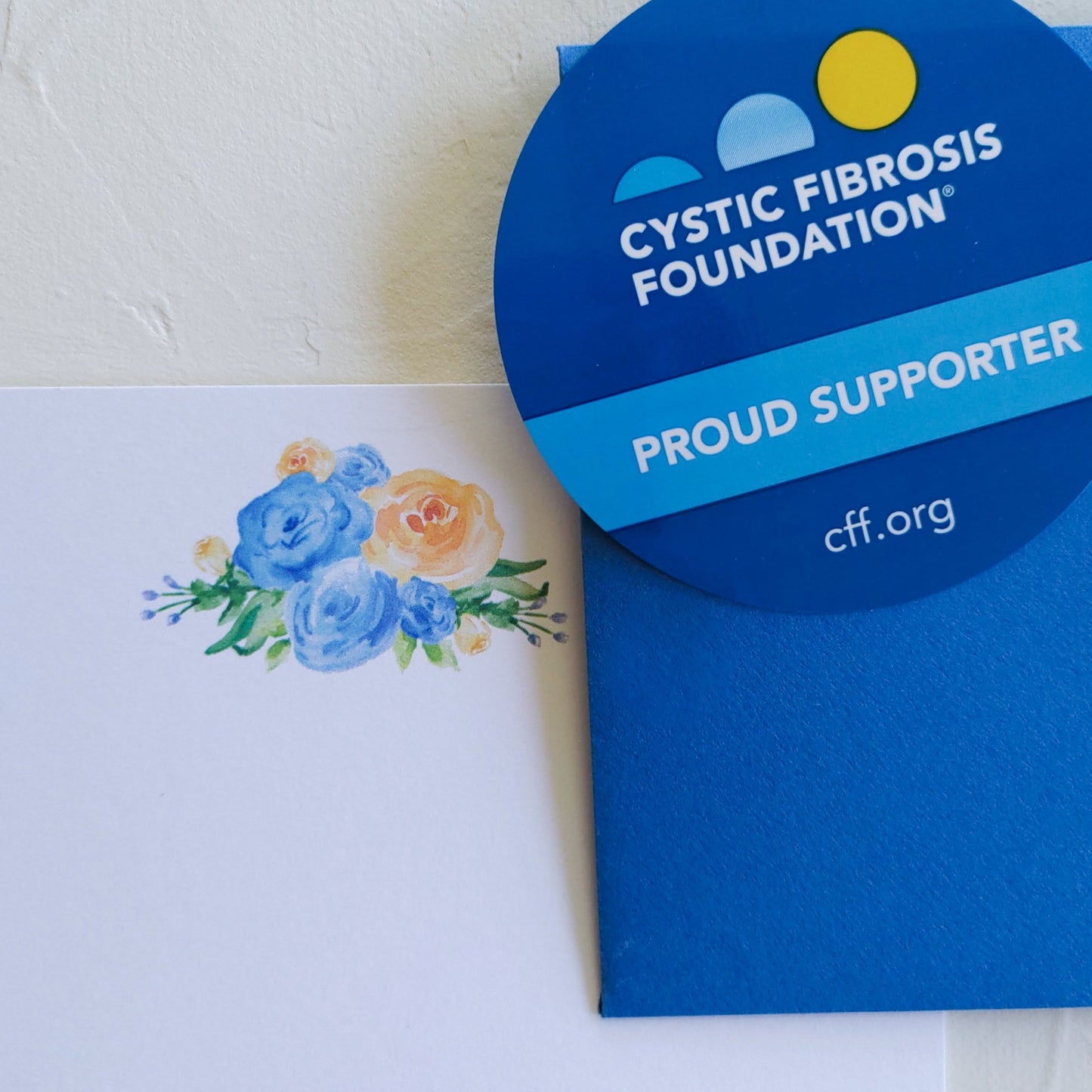 Blue and Yellow Rose Cystic Fibrosis Foundation Stationery, Set of 5 Notecards with Lined Envelopes