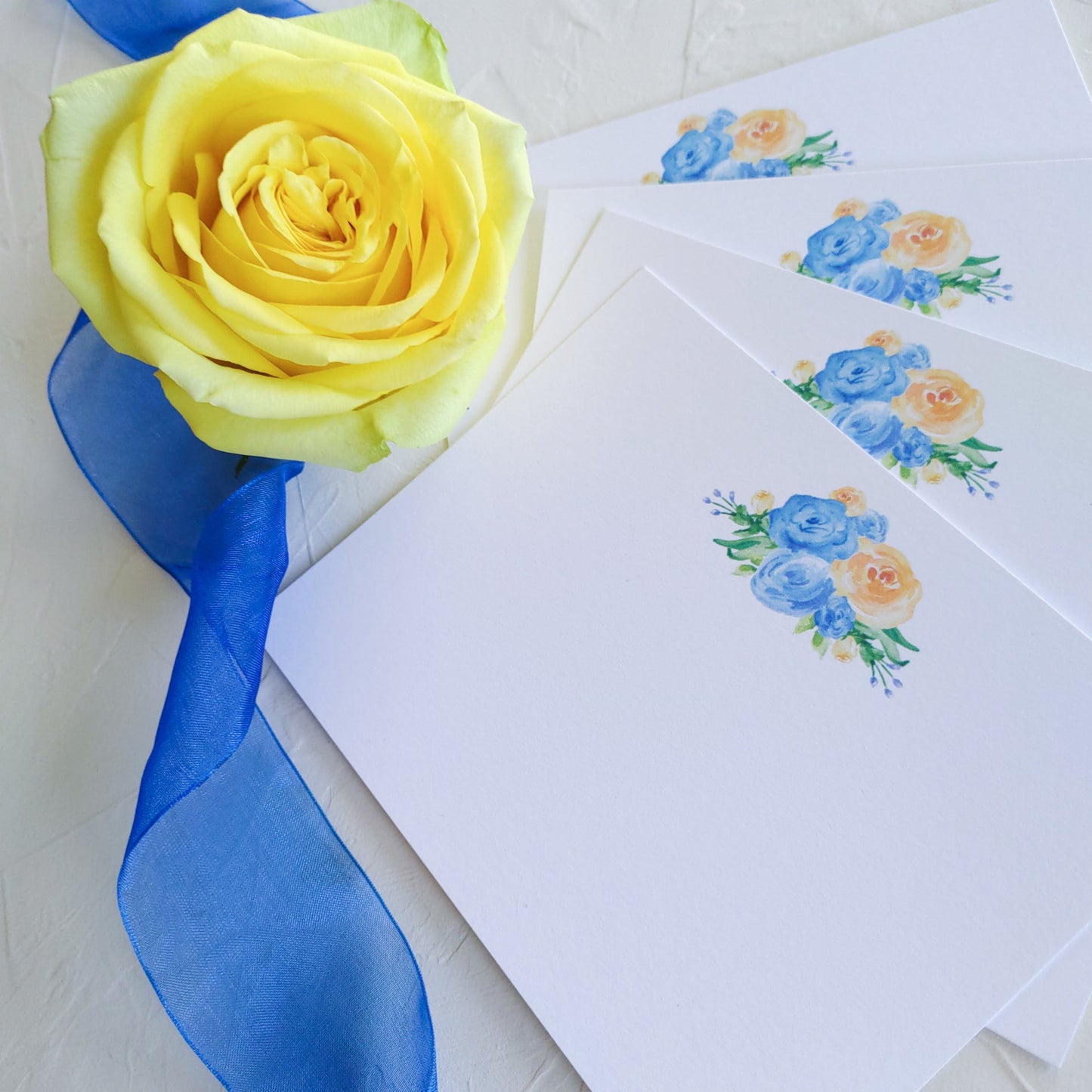 Blue and Yellow Rose Cystic Fibrosis Foundation Stationery, Set of 5 Notecards with Lined Envelopes