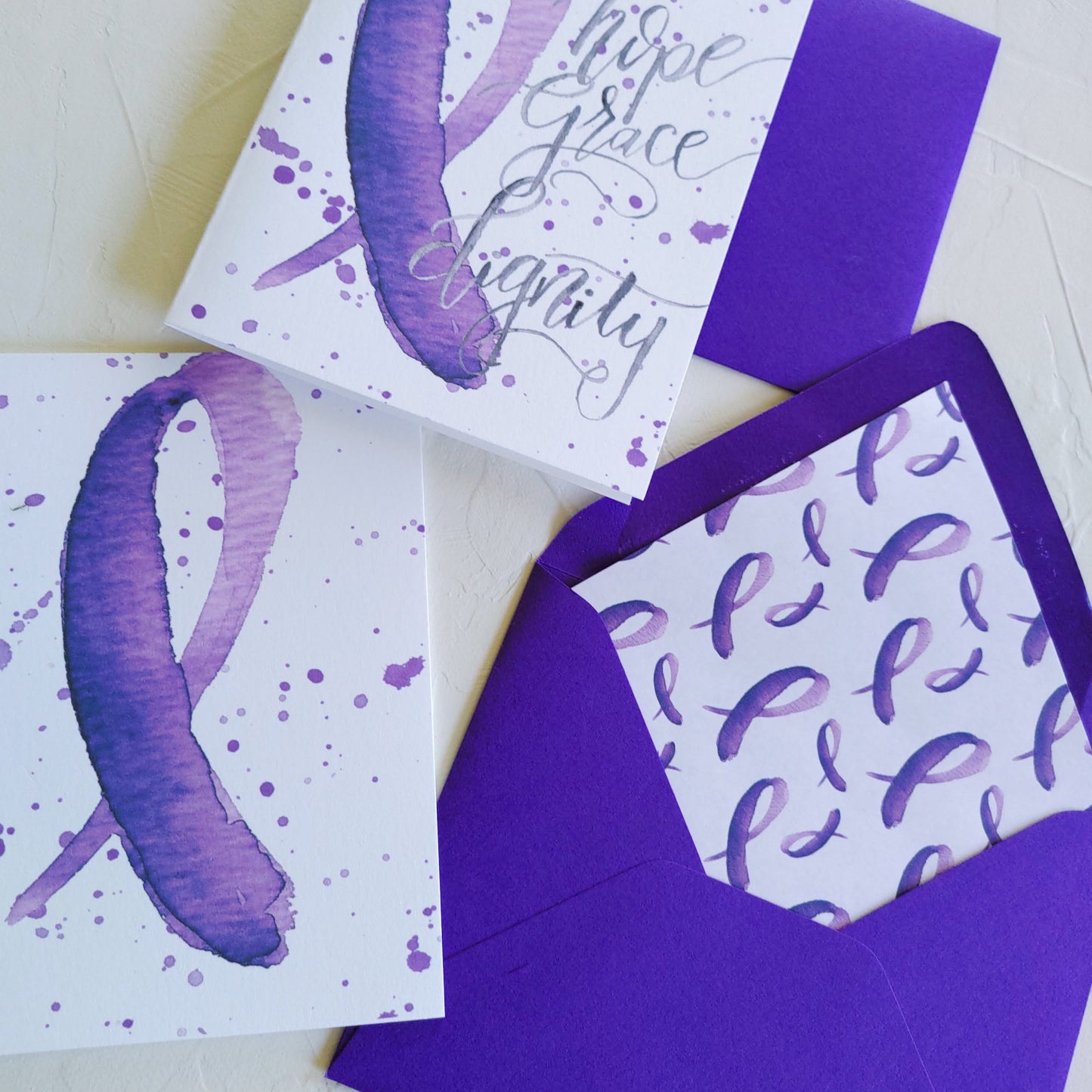 Purple Ribbon Pancreatic Cancer Stationery Set, Set of 6 Cards with Lined Envelopes
