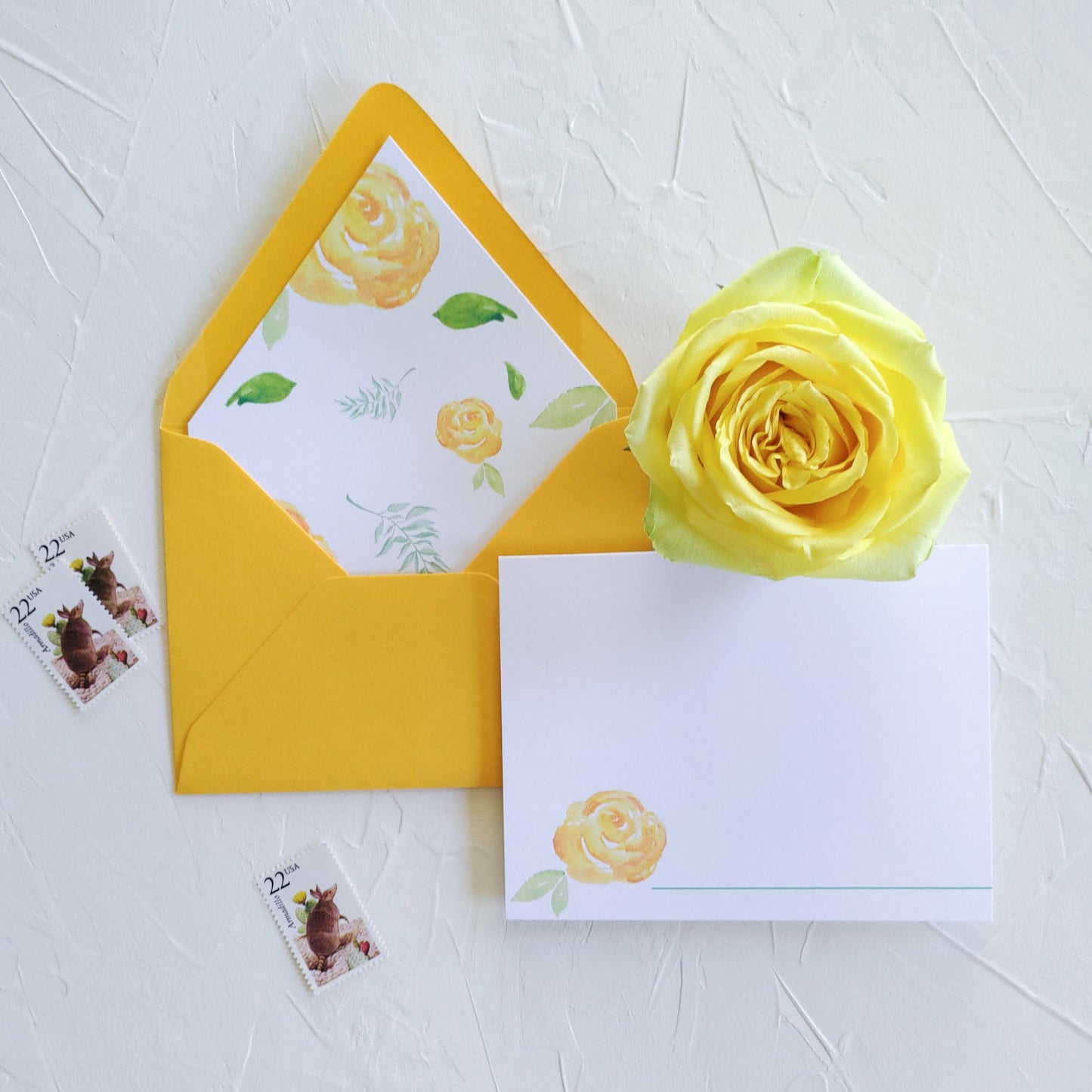 Yellow Rose of Texas Stationery Set, Set of 5 Notecards with Lined Envelopes