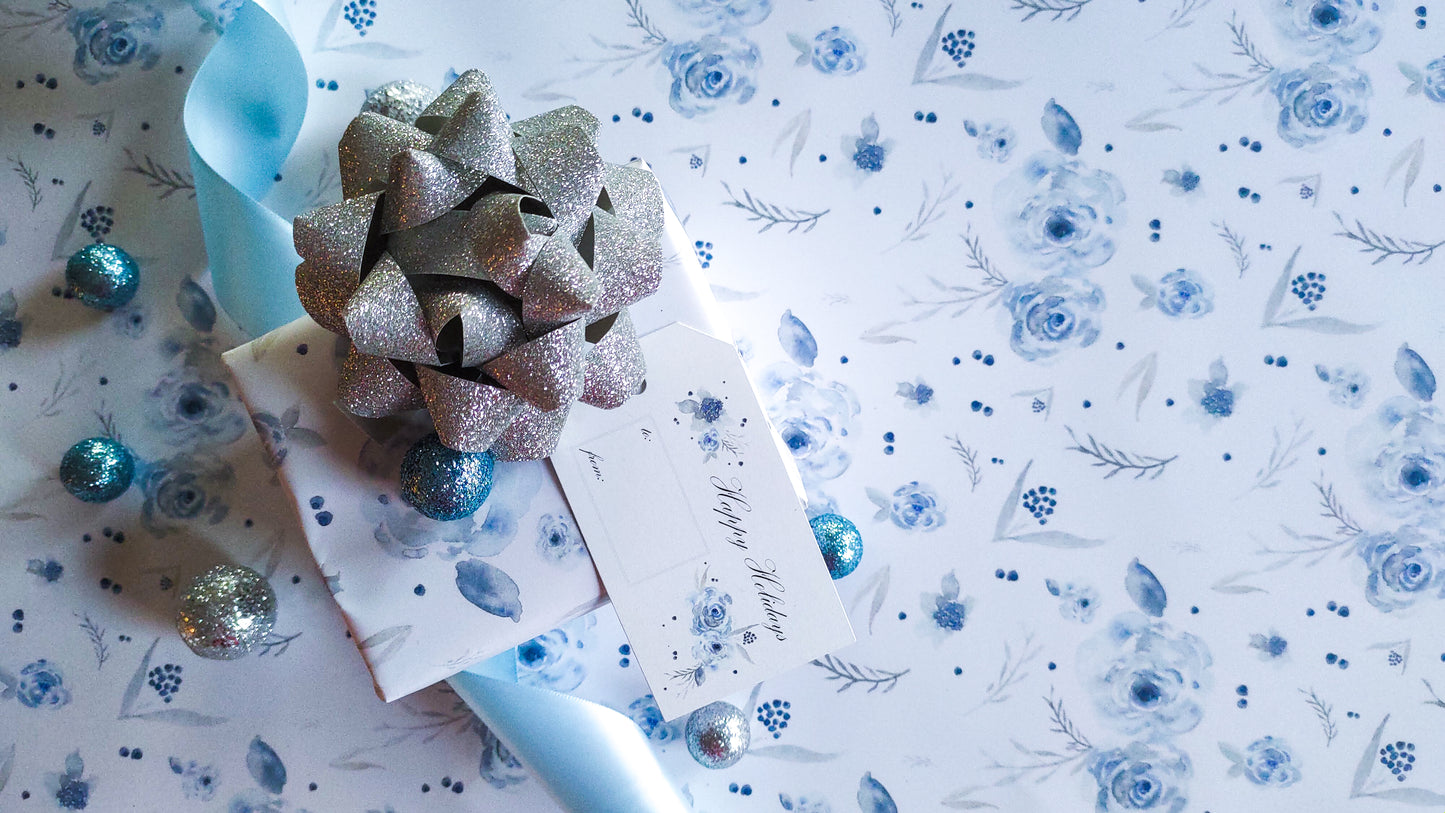 Elegant Blue Florals Luxurious Watercolor Gift Wrap