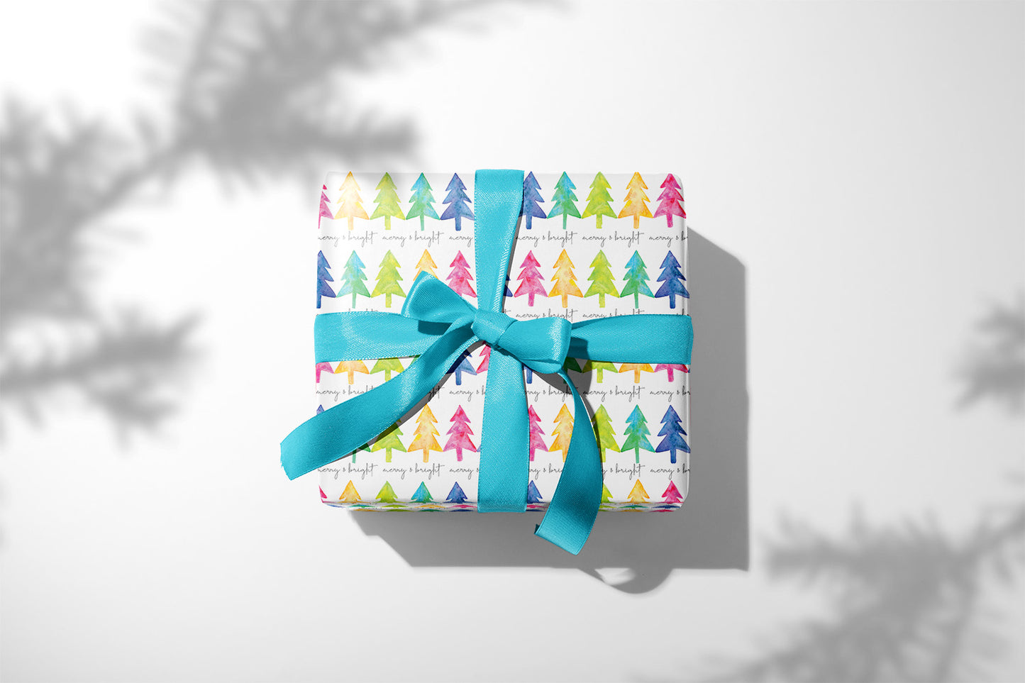 Merry & Bright Christmas Trees, Watercolor Gift Wrap, Boutique Luxurious Christmas Wrapping Paper