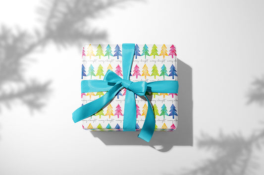 Merry & Bright Christmas Trees, Watercolor Gift Wrap, Boutique Luxurious Christmas Wrapping Paper