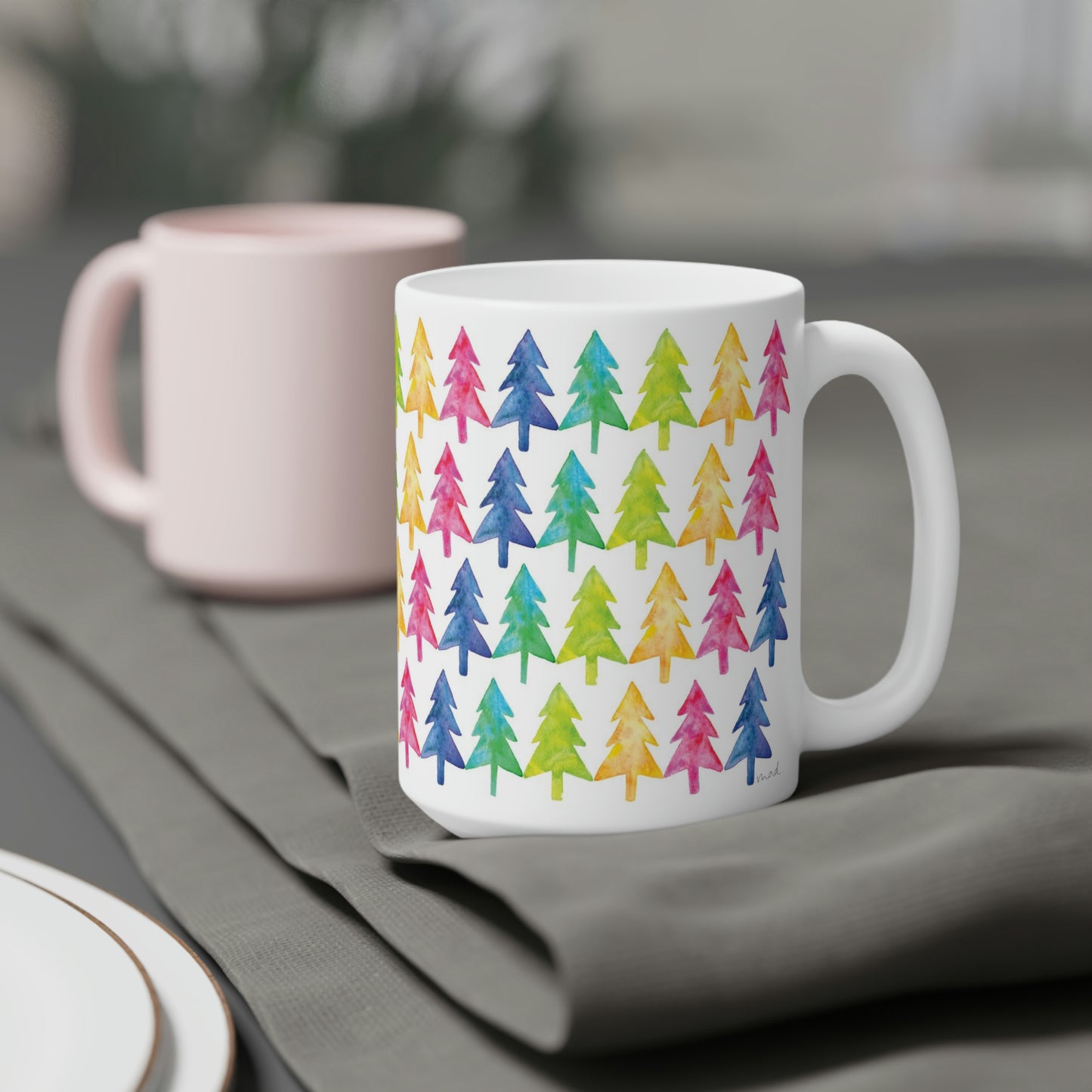 Merry and Bright Watercolor Holiday Trees, Ceramic Mug
