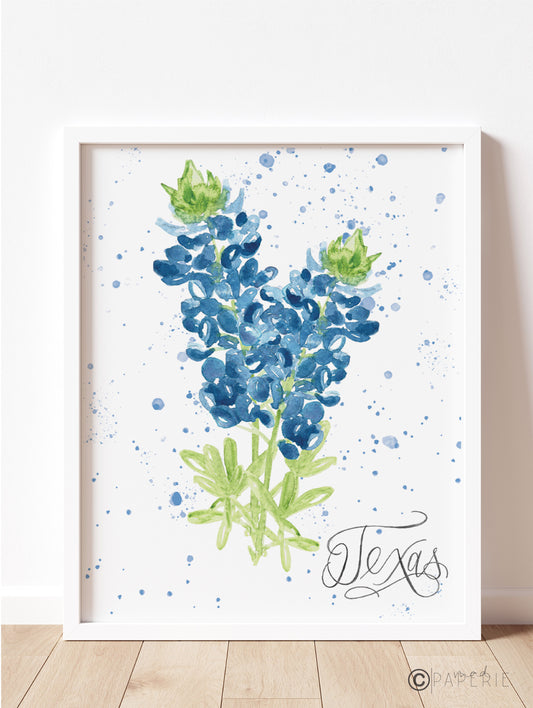 Texas Bluebonnet Watercolor Art- 8x10 Print