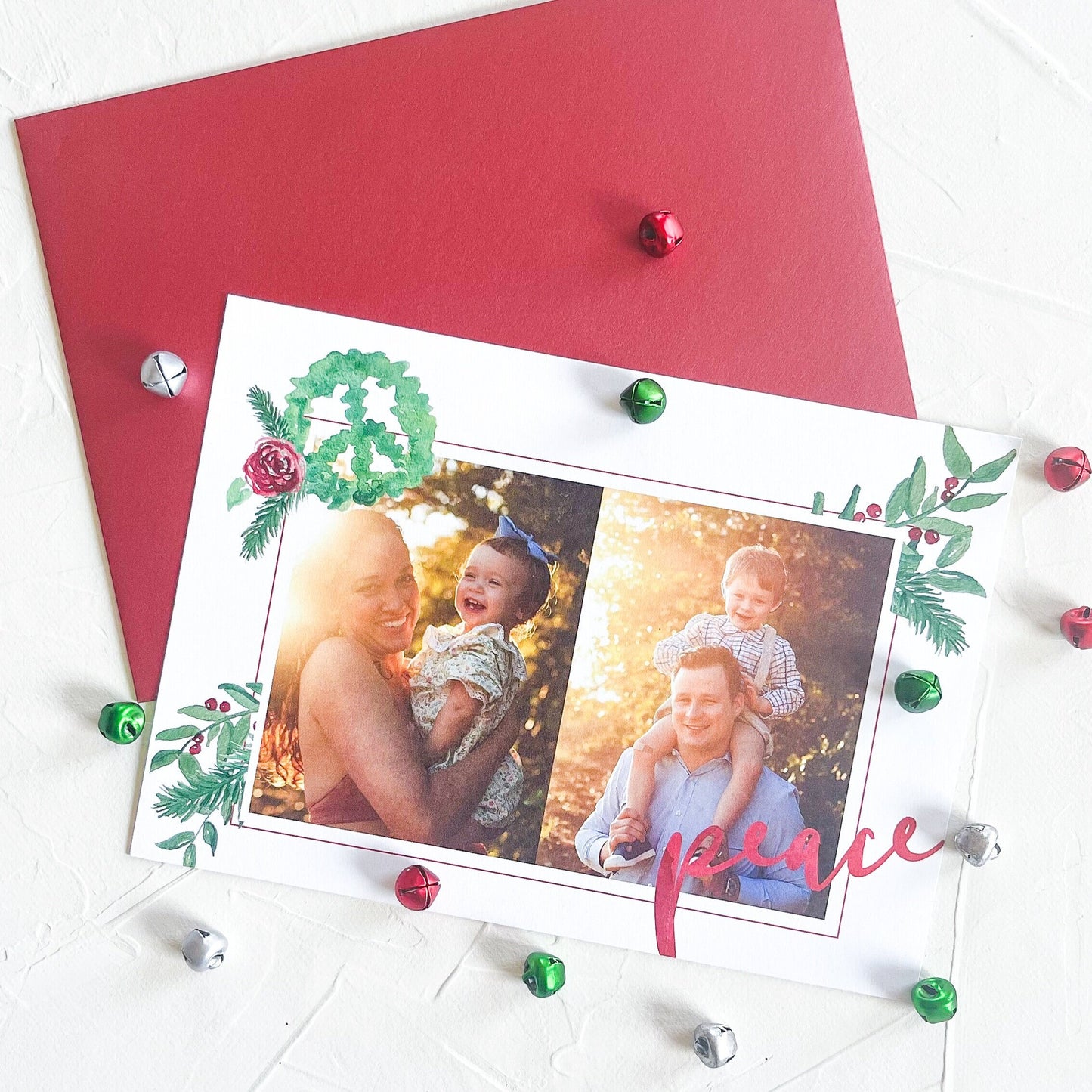 Peaceful Watercolor Greenery Holiday Photo Card