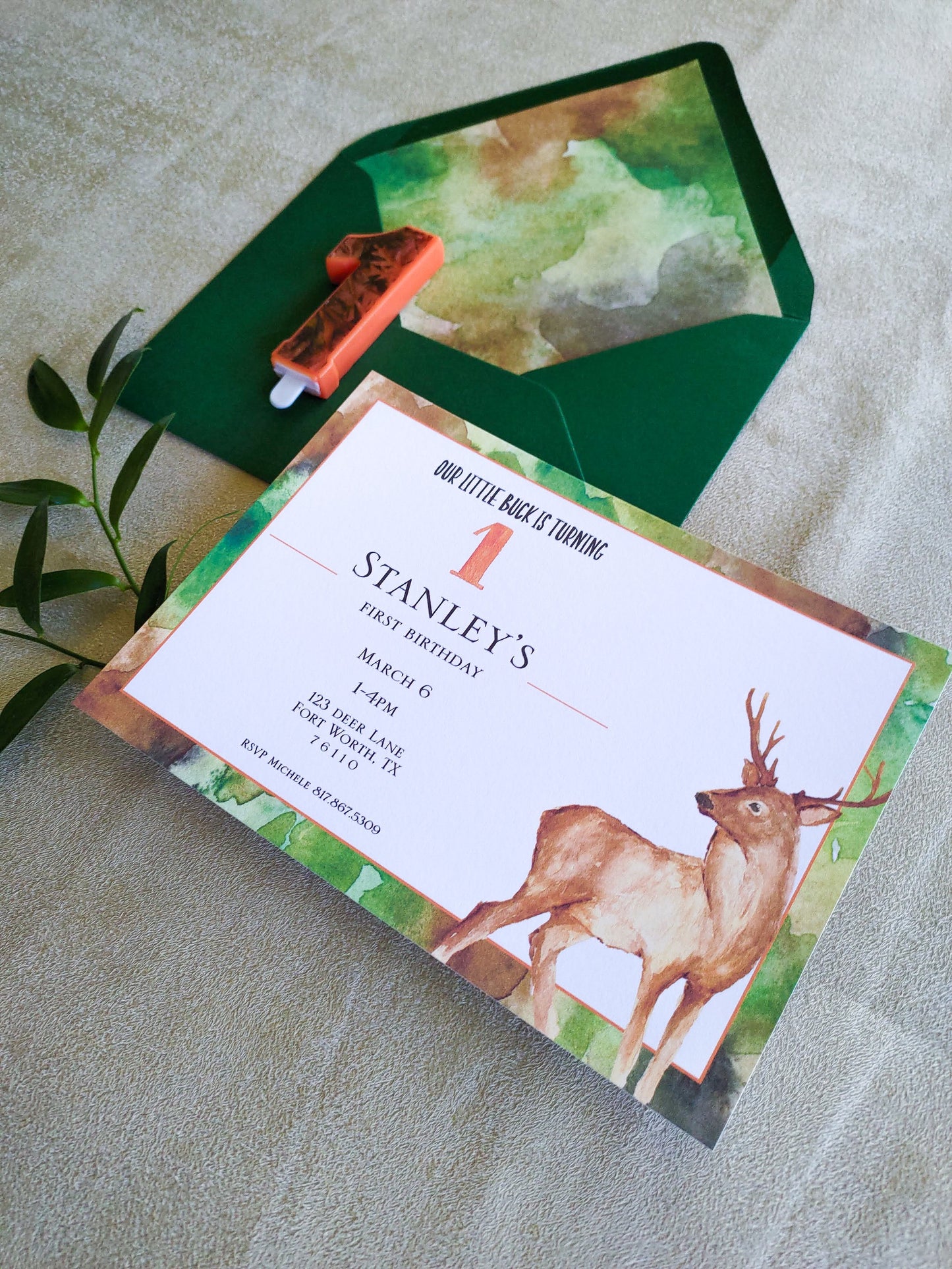 Watercolor Camo Deer Birthday Invitation