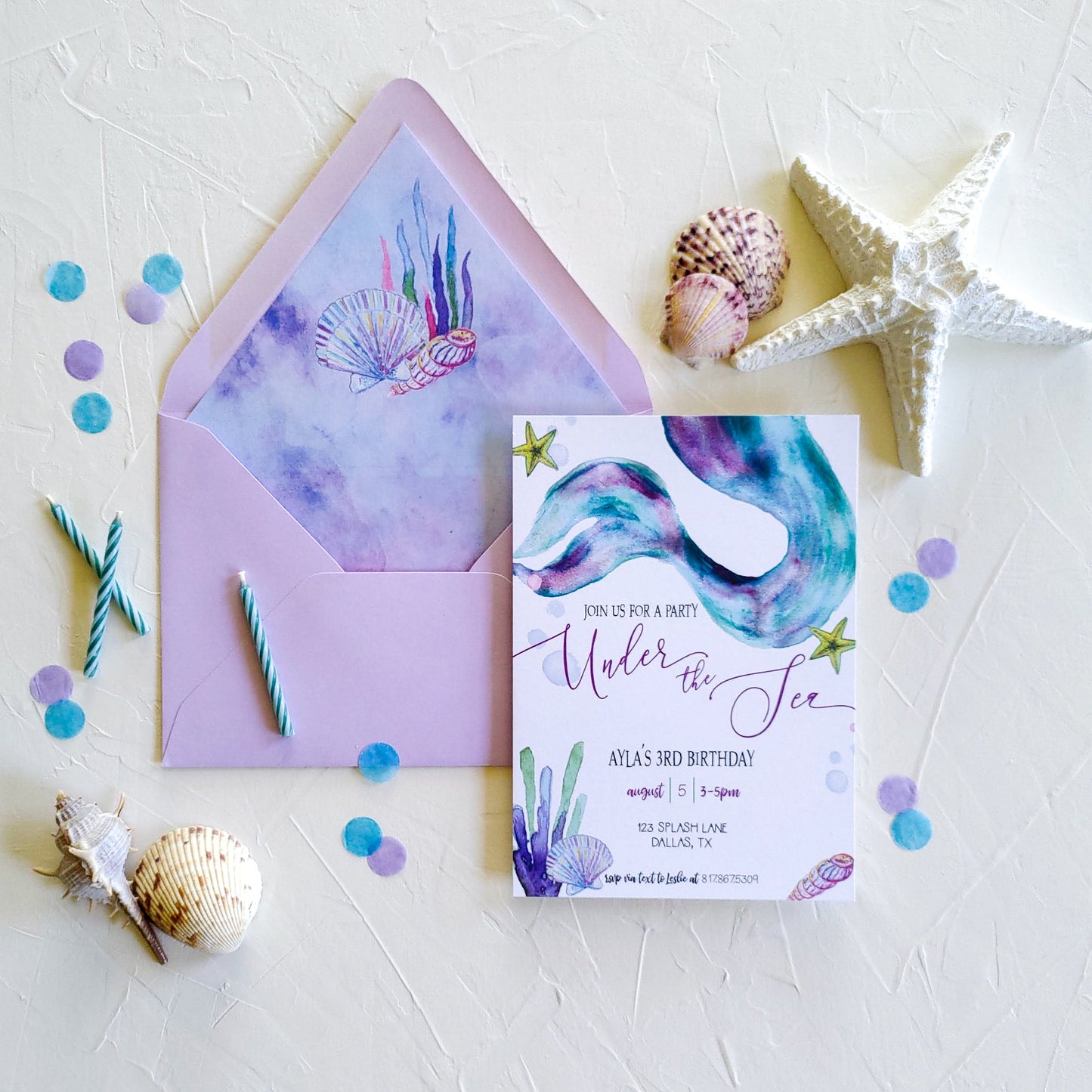 Watercolor Mermaid Tail Birthday Invitation