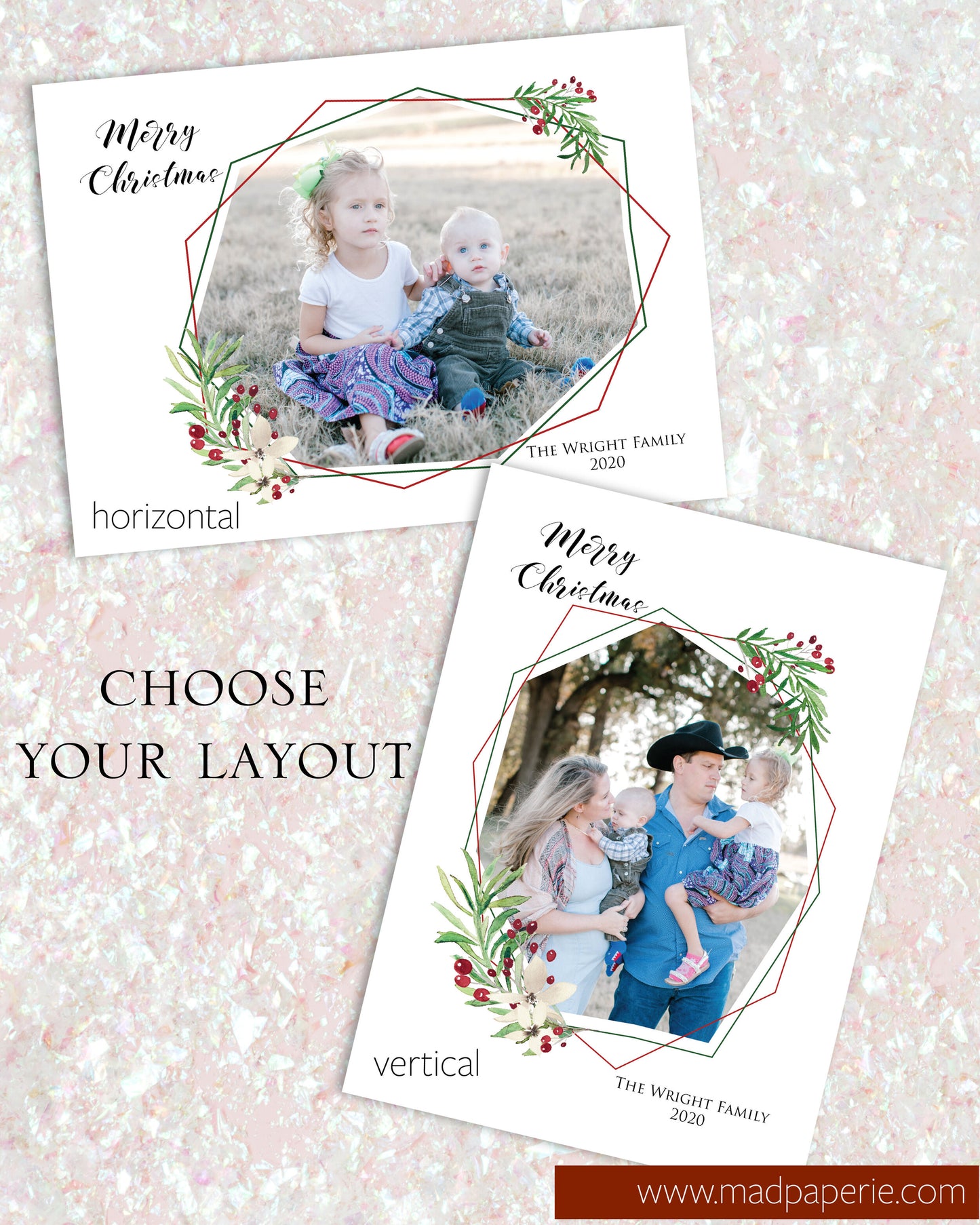 Christmas Watercolor Geometric Floral Holiday Photo Card