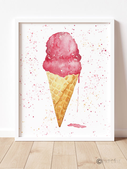 Watercolor Ice Cream Cone, 8x10 Print