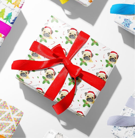 Bah Humpug, Watercolor Santa Pug, Boutique Luxurious Christmas Wrapping Paper