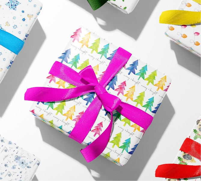 Merry & Bright Christmas Trees, Watercolor Gift Wrap, Boutique Luxurious Christmas Wrapping Paper
