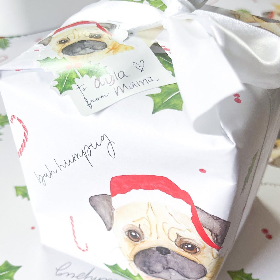 Bah Humpug, Watercolor Santa Pug, Boutique Luxurious Christmas Wrapping Paper
