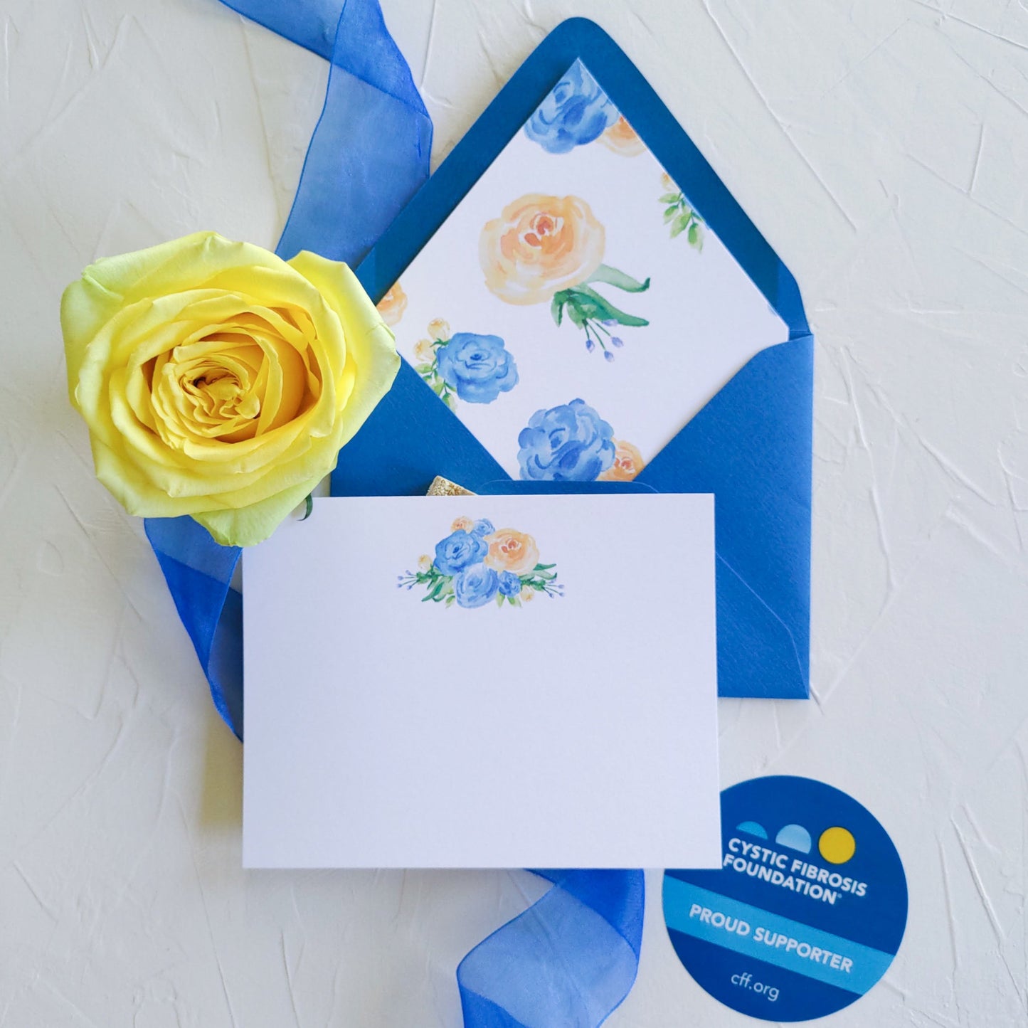 Blue and Yellow Rose Cystic Fibrosis Foundation Stationery, Set of 5 Notecards with Lined Envelopes