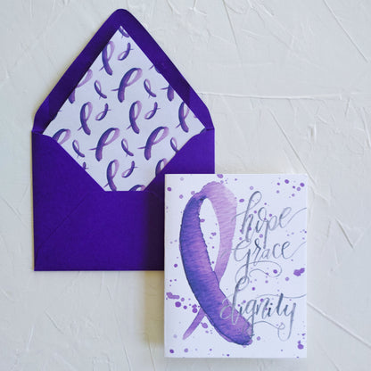 Purple Ribbon Pancreatic Cancer Stationery Set, Set of 6 Cards with Lined Envelopes