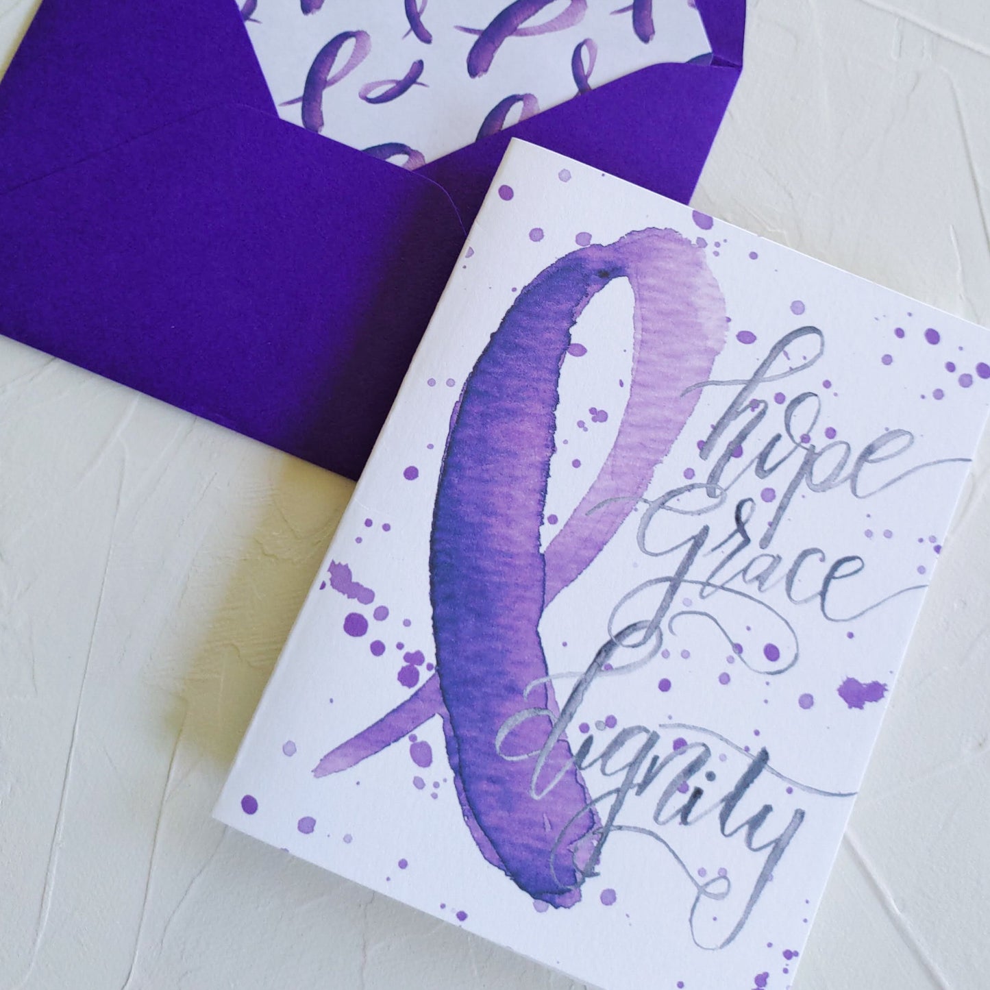 Purple Ribbon Pancreatic Cancer Stationery Set, Set of 6 Cards with Lined Envelopes