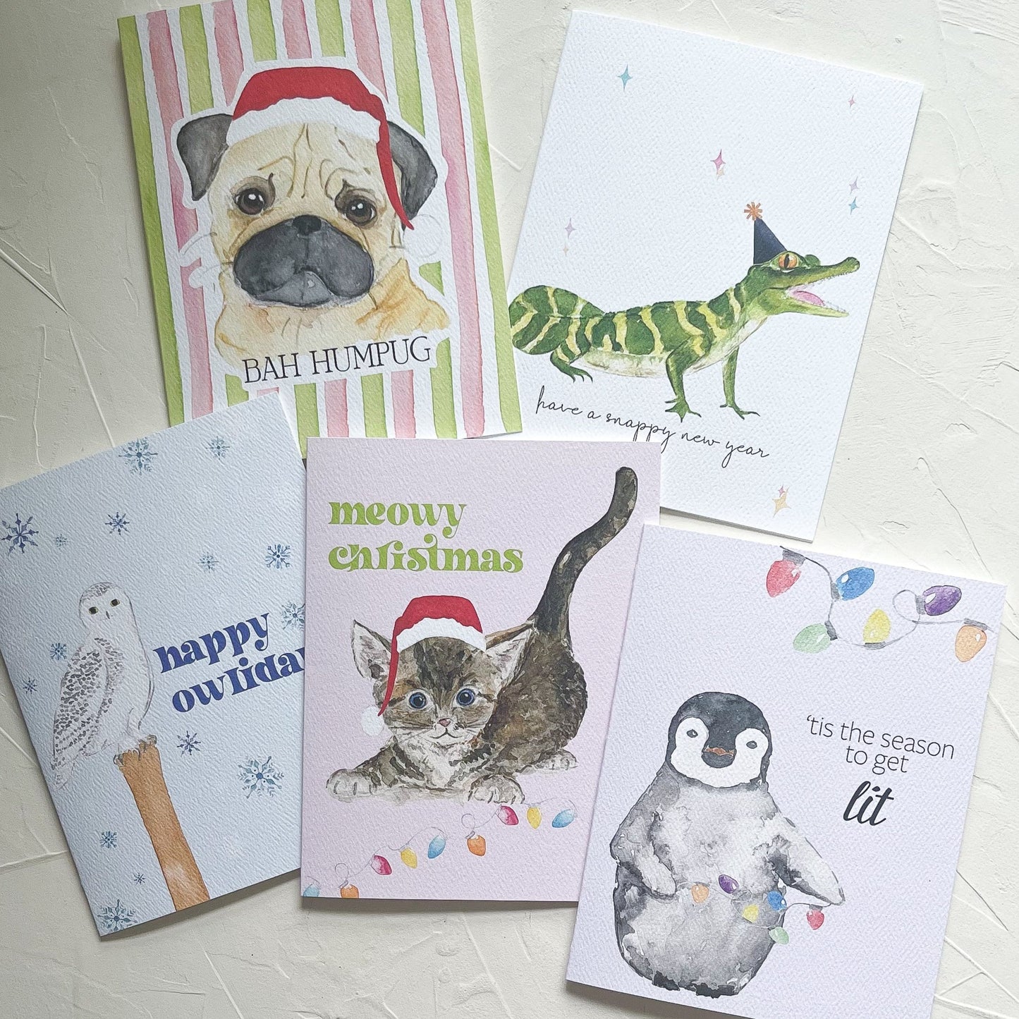 Holiday Animal Greeting Cards, Set of 5 Cards with Envelopes