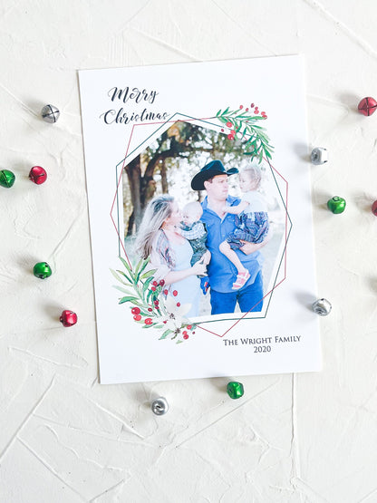 Christmas Watercolor Geometric Floral Holiday Photo Card