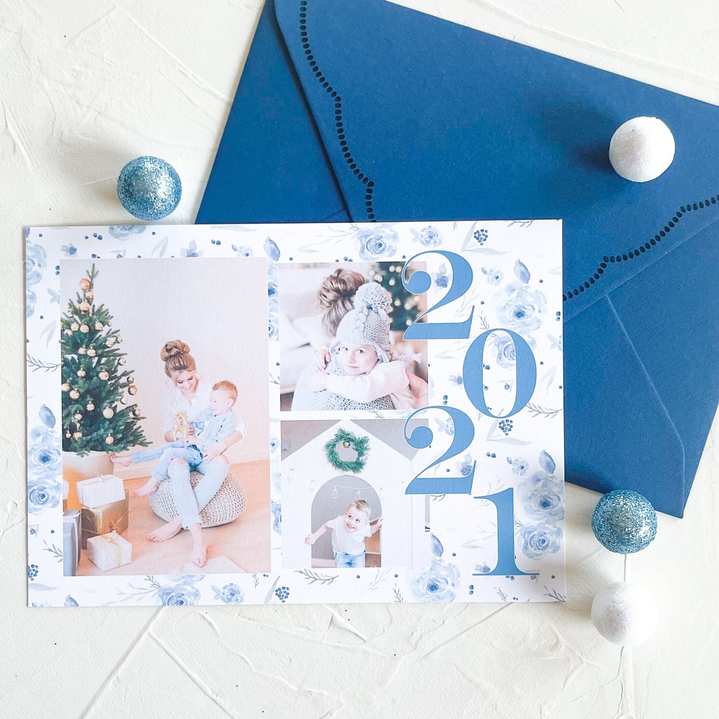 Elegant Blue Floral Holiday Photo Card