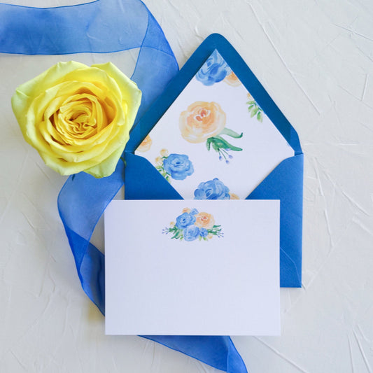 Blue and Yellow Rose Cystic Fibrosis Foundation Stationery, Set of 5 Notecards with Lined Envelopes