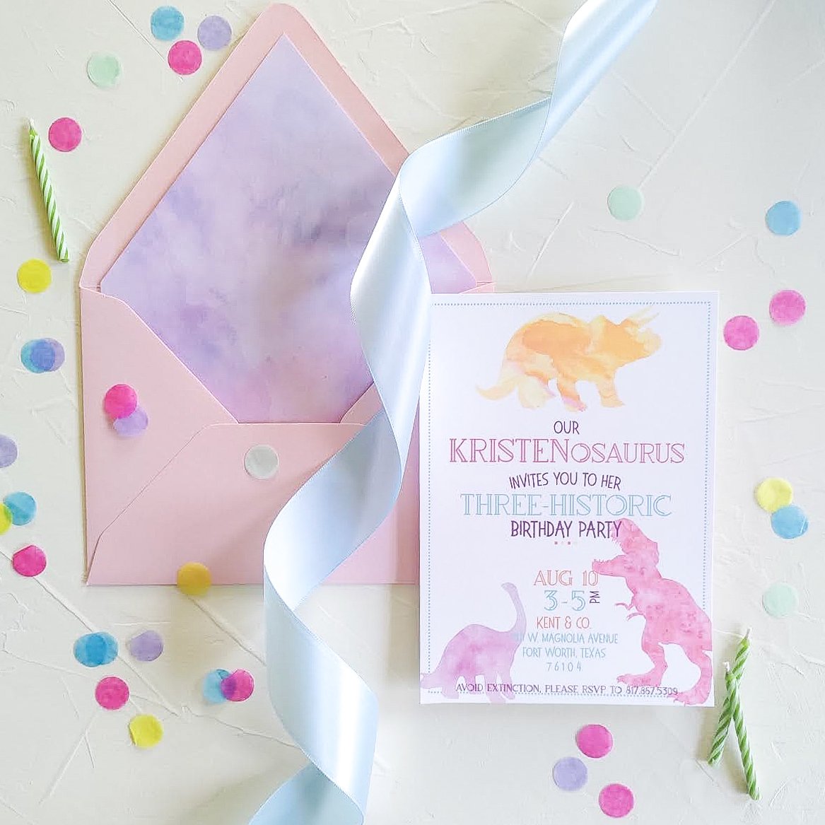 Watercolor Dino Birthday Invitation