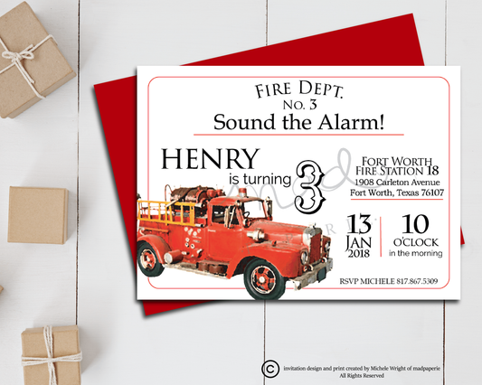 Vintage Firetruck Birthday Invitation