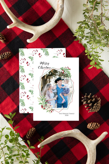 Christmas Watercolor Geometric Floral Holiday Photo Card