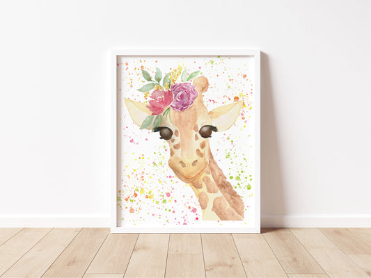 Floral Watercolor Giraffe, 8x10 Print