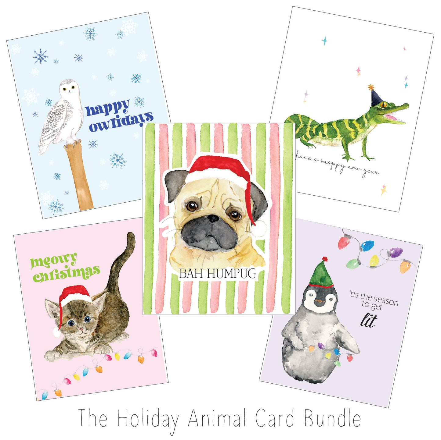 Holiday Animal Greeting Cards, Set of 5 Cards with Envelopes