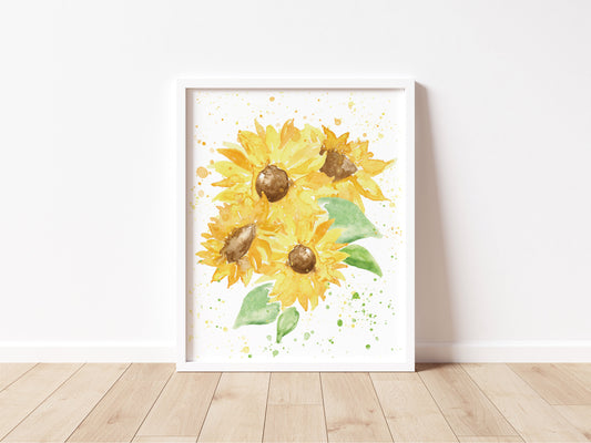 Bright Sunflower Watercolor Bouquet, 8x10 Print